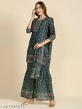 Green and blue printed Maslin boat neck kurta sharara set with chrochit work and dupatta, featuring puff sleeves and handwork. Ideal for parties and festivals. Made from Kora Muslin and Chanderi Silk. Indian ethnic wear