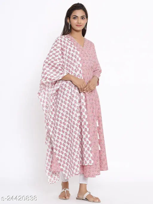 Women's pink floral print Anarkali kurti with dupatta, 3/4 sleeve cotton ethnic wear in soft color, MIRAVAN India