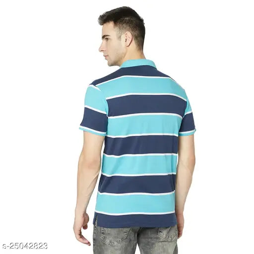 Classic latest men's cotton blend short sleeve t-shirt, blue with printed design. Made in India for Indian summer fashion