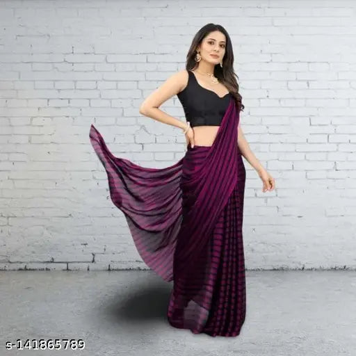 Fancy Bollywood Georgette Saree in Striped Pattern on Dupion Silk Blouse, Indian daily wear