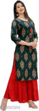 Green printed kurta-red sharara set with pom-2, rayon fabric, Indian women's traditional clothing on display