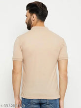 Beige cotton blend polo shirt with chest embroidery logo for men, solid design on display stand