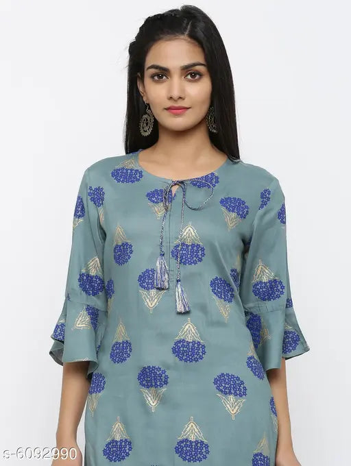 Women's printed rayon kurti, three-quarter sleeves, vibrant Indian print (M - Bust 38", Length 44")