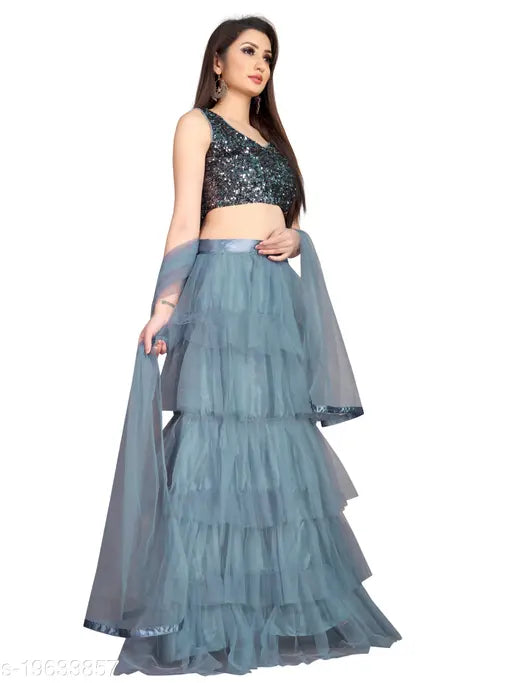 Grey net A-line ceremonial wear Lehenga with sequined unstitched blouse, embellished top on mannequin