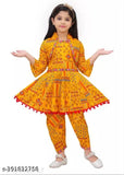 Rayon ethnic kurta set for girls wedding season, traditional Indian clothing with dhoti pants and printed three-quarter sleeves, size range from 3-6 months to 10-11 years