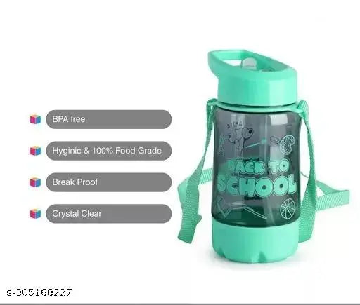 Green 450ML kids sipper water bottle with straw & belt, ideal for school and picnics