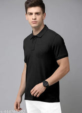 Black cotton polo t-shirt for men, suitable for casual and semi-formal occasions. Classic design with short sleeves and buttoned placket. Available in sizes M, L, XL. Breathable fabric makes it ideal for sports or everyday wear