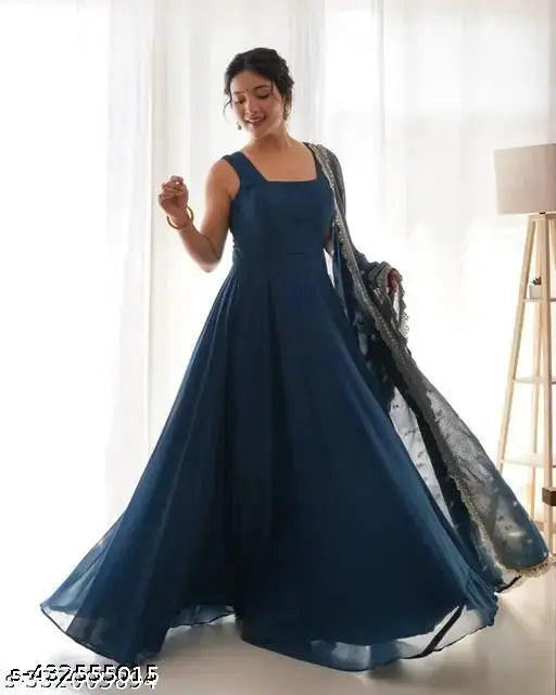 Georgette sleeveless fancy retro women's gown, classic Indian evening wear in solid net color