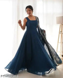 Georgette sleeveless fancy retro women's gown, classic Indian evening wear in solid net color