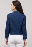 Stylish solid denim jacket for women, long sleeve, size S (34in bust, 21in length), made in India