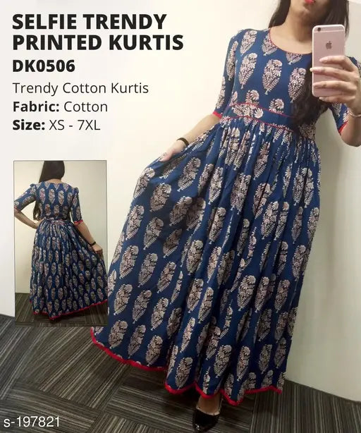 Cotton botanical printed flared kurti for women, three-quarter sleeves, Indian origin