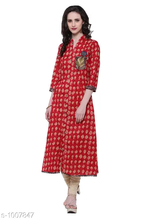 Cotton flared kurti, ethnic motif printed, three-quarter sleeves, women's fashion, Indian handloom
