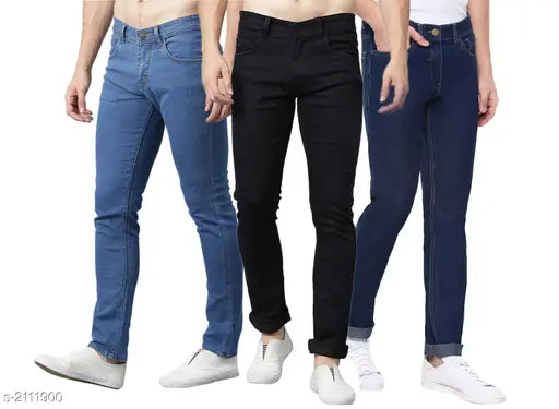 Stylish cotton-lycra men's jeans (pack of 3), versatile fit for various sizes from 28 to 36, Indian origin