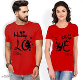 Cotton blend printed couple t-shirts, stylish half sleeves for him & her (S-36in M-38in L-40in XL-42 XXL), made in India