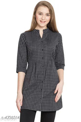 Grey checked rayon top, three-quarter sleeves, V-neck, button front, cotton mandarin collar - Women's casual wear from India
