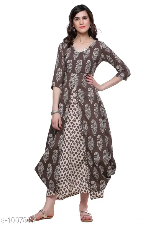 Cotton floral printed layered kurti, three-quarter sleeves, Indian women's fashion