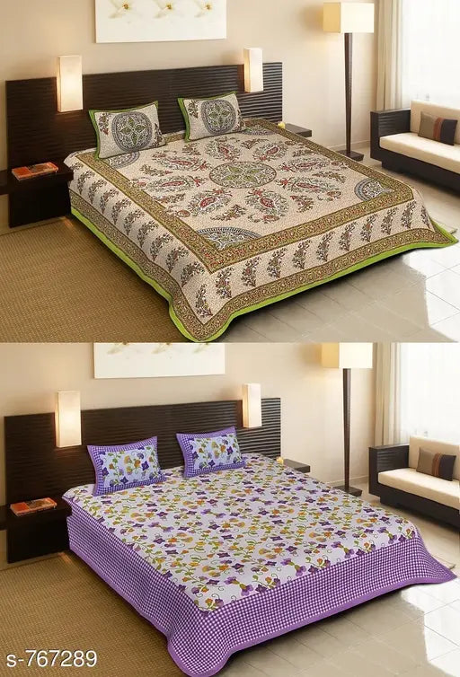 Designer cotton printed double bedsheets set (2pcs), high-quality cotton sheets with matching pillow covers, modern pattern on display