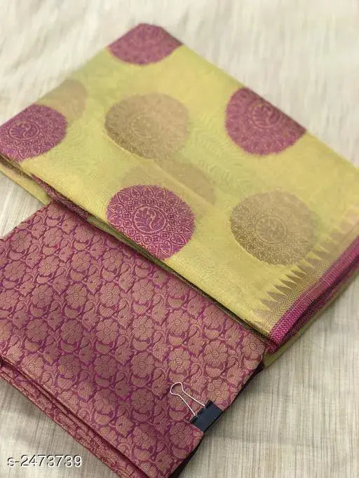 Trendy Banarasi cotton silk saree, zari woven with intricate Indian patterns