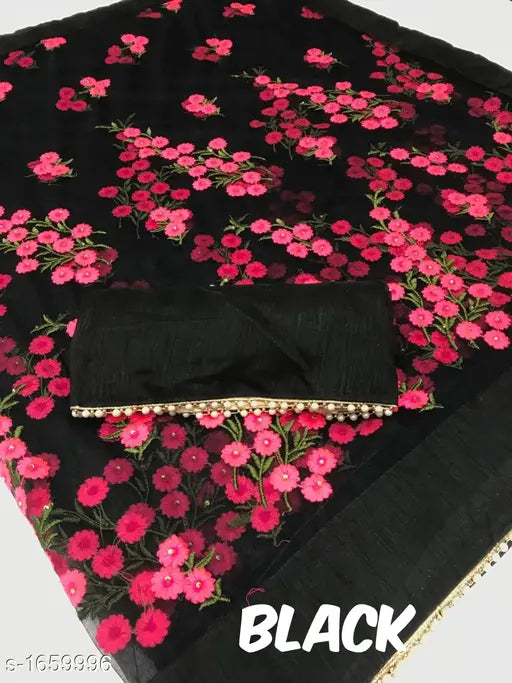 Attractive net saree, Indian hand-embroidered silk with pearl piping and stone work, 5.5m length