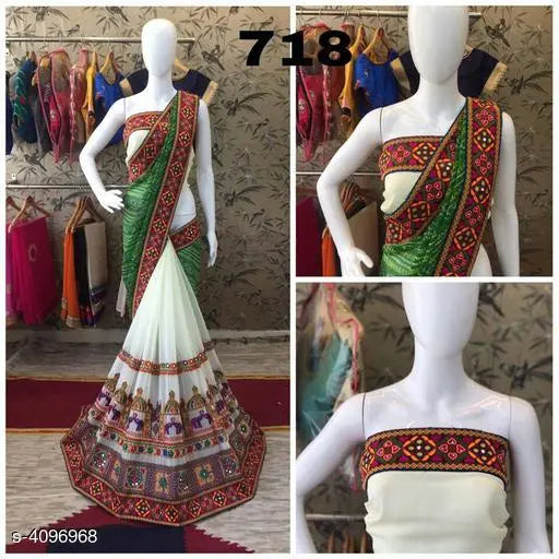 Stylish georgette women's saree with embroidered blouse, free size single piece in net pattern
