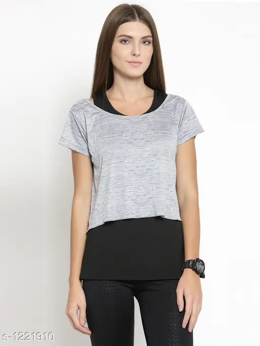 Alluring women's polyester t-shirt, short sleeves, self-design net pattern, made in India