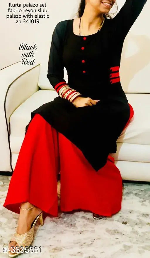 Solid rayon slub kurta with palazzos, Indian women's fashion in rayon slub fabric, three-quarter sleeves