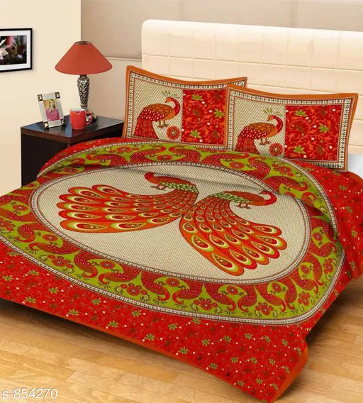 Elegant printed cotton double bedsheet, 144 thread count, India-made bed linen for home decor