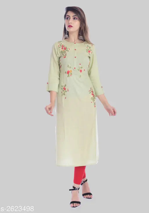 Embroidered rayon slub kurti, three-quarter sleeves, Indian traditional women's fashion