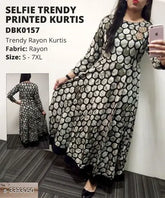 Geometric print rayon flared kurti for women, three-quarter sleeves, vibrant Indian fashion in various sizes