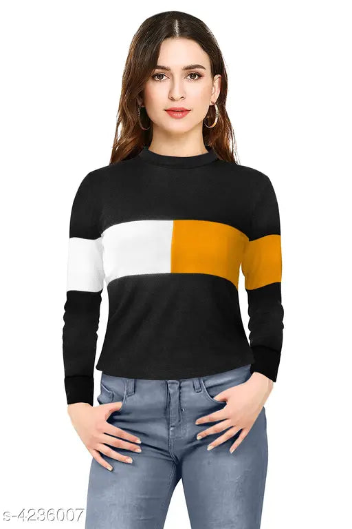 Multicolor round neck women's long sleeve t-shirt, colorblocked and made in India