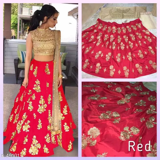 Embroidered taffeta silk lehenga (free size) in traditional Navratri design, featuring stitched lycra bottomwear and net dupatta, India origin