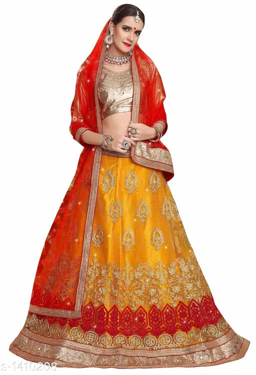 Ethnic net embroidered Lehenga Choli Set, semi-stitched, embellished Indian bridal wear on display
