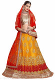 Ethnic net embroidered Lehenga Choli Set, semi-stitched, embellished Indian bridal wear on display