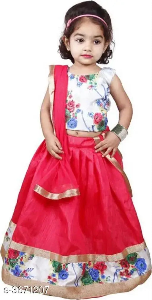 Ethnic Banglori silk kid's lehenga choli set, sleeveless top with woven design & embroidered lehenga, for girls aged 6 months - 2 years. Indian traditional attire on display