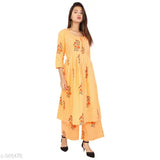 Embroidered cotton blend kurta with palazzos, three-quarter sleeves, net pattern, Indian women's traditional wear