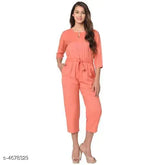 Rayon three-quarter sleeve solid jumpsuit for women, trendy outfit on mannequin