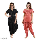 Trendy women's satin night suit combo with lace net detail, partiala pants and short sleeves, available in L, XL, and free size