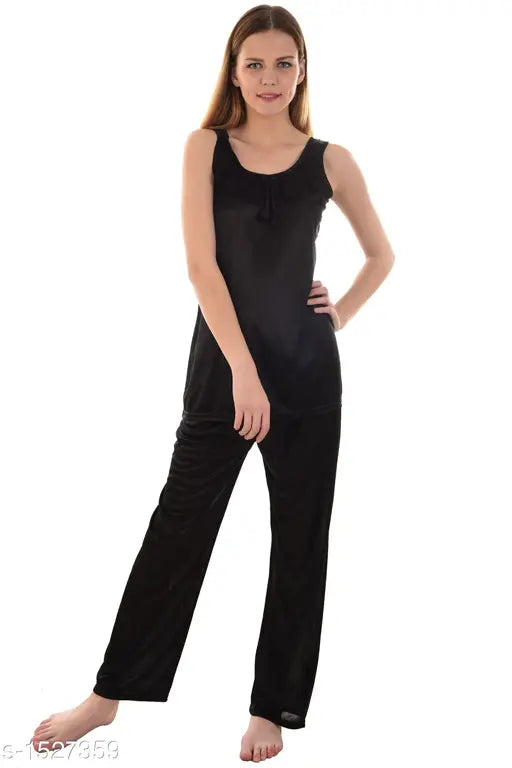 Trendy satin night suit set (pack of 2), sleeveless satin pyjama for women in solid pattern