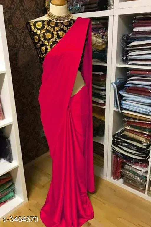 Satin silk saree, single free size Indian traditional outfit, solid pattern on chiffon blouse