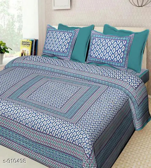 Colorful cotton Jaipuri printed double bedsheet and matching pillow covers, vibrant design on clean white background