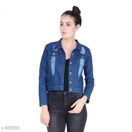 Modern denim solid women's jacket, sizes S-XL. Durable Indian-made denim jacket for fashionable everyday wear