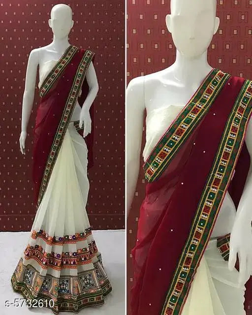 Trendy georgette saree with embellished separate blouse, free size, India origin