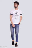 Trendy men's cotton printed T-shirt, short sleeves, vibrant pattern on white background