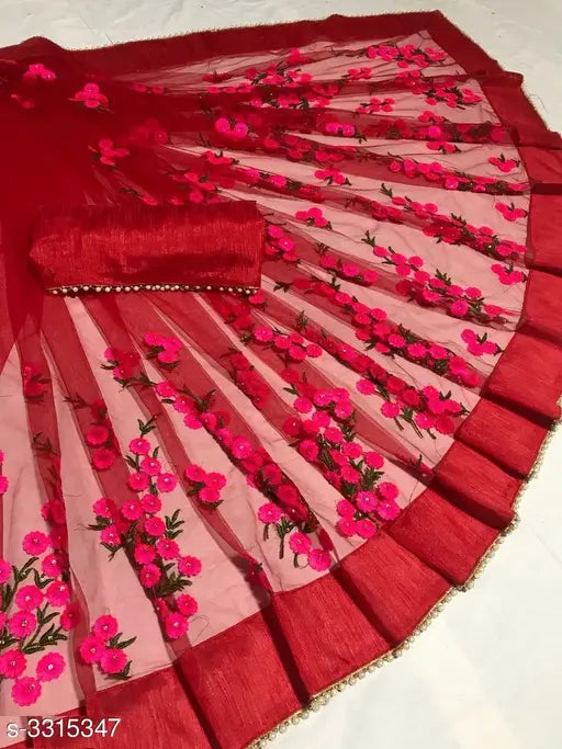 Indian embroidered silk saree on hanger, free size, net fabric with solid blouse