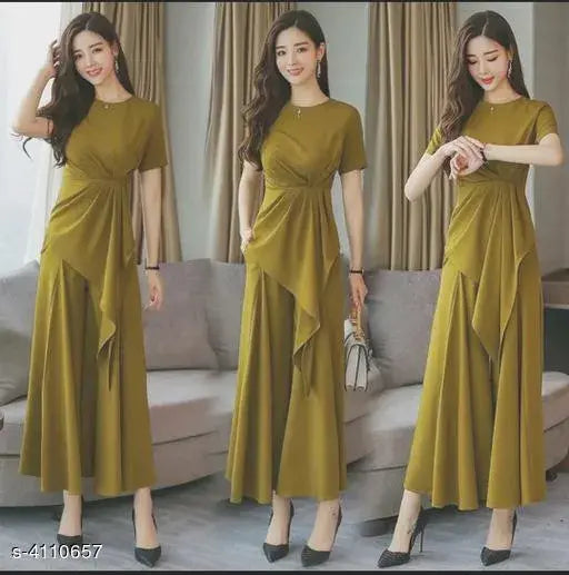 Trendy women's imported poly crepe jumpsuit, solid-colored style with short sleeves. Available in sizes M, L, XL
