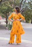 Women's cotton pleated printed long kurti with palazzos, three-quarter sleeves, vibrant Indian print