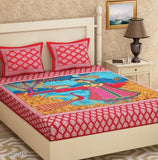 Colorful floral printed cotton double bedsheet with matching pillow covers, vibrant and intricate design on a comfortable 104 thread count bed set from India