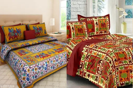 Stylish cotton printed double bedsheet combo, featuring 2 bedsheets (84x92in) and 4 pillow covers (26x18in), from India