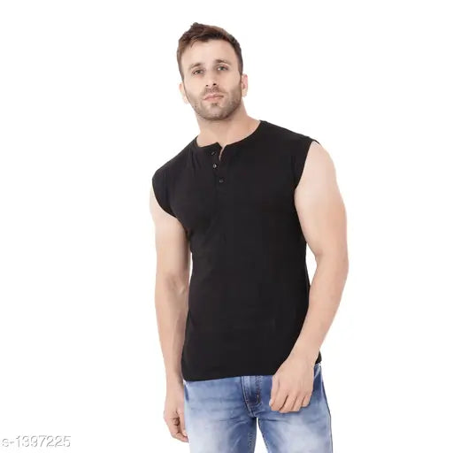 Black cotton sleeveless solid henley t-shirt for men, quality Indian-made fashion