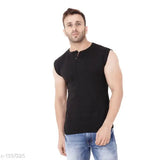 Black cotton sleeveless solid henley t-shirt for men, quality Indian-made fashion